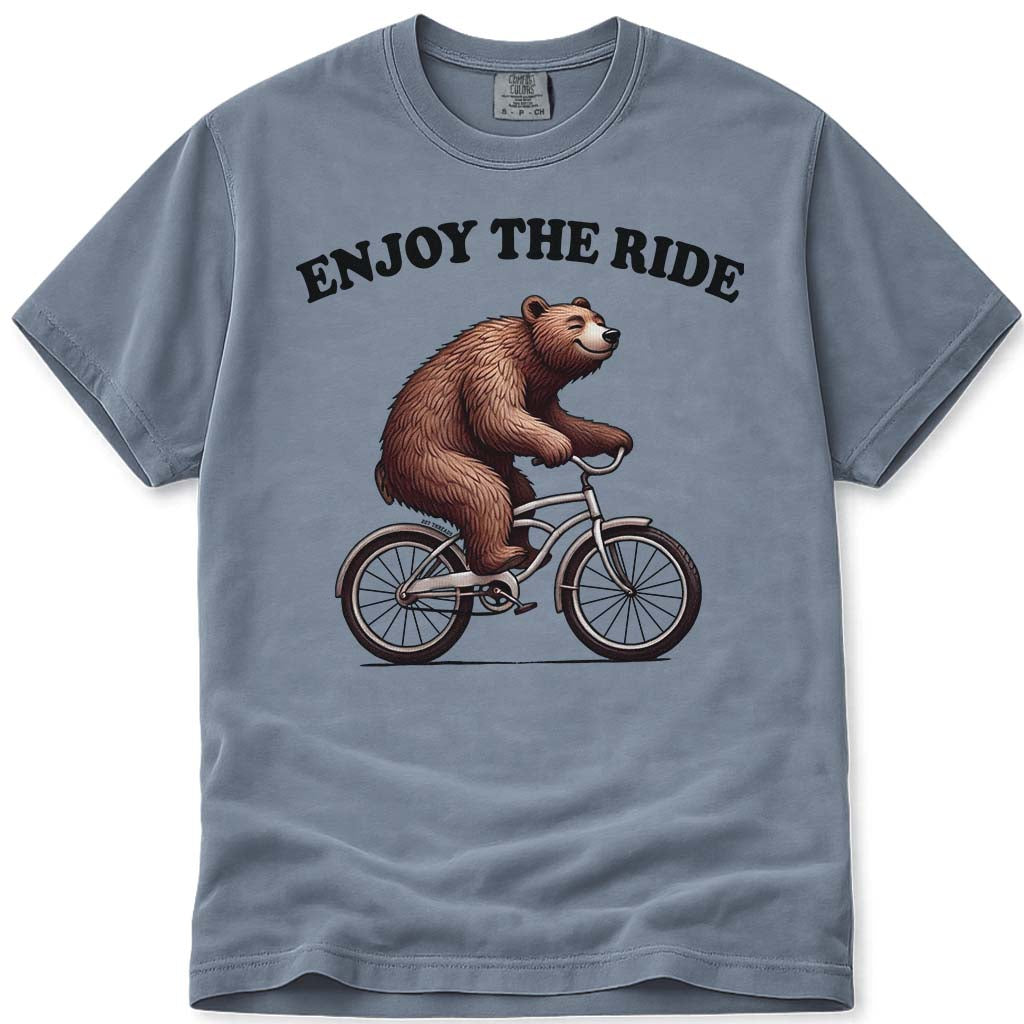 Enjoy The Ride Biking Bear T Shirt - Blue Jean