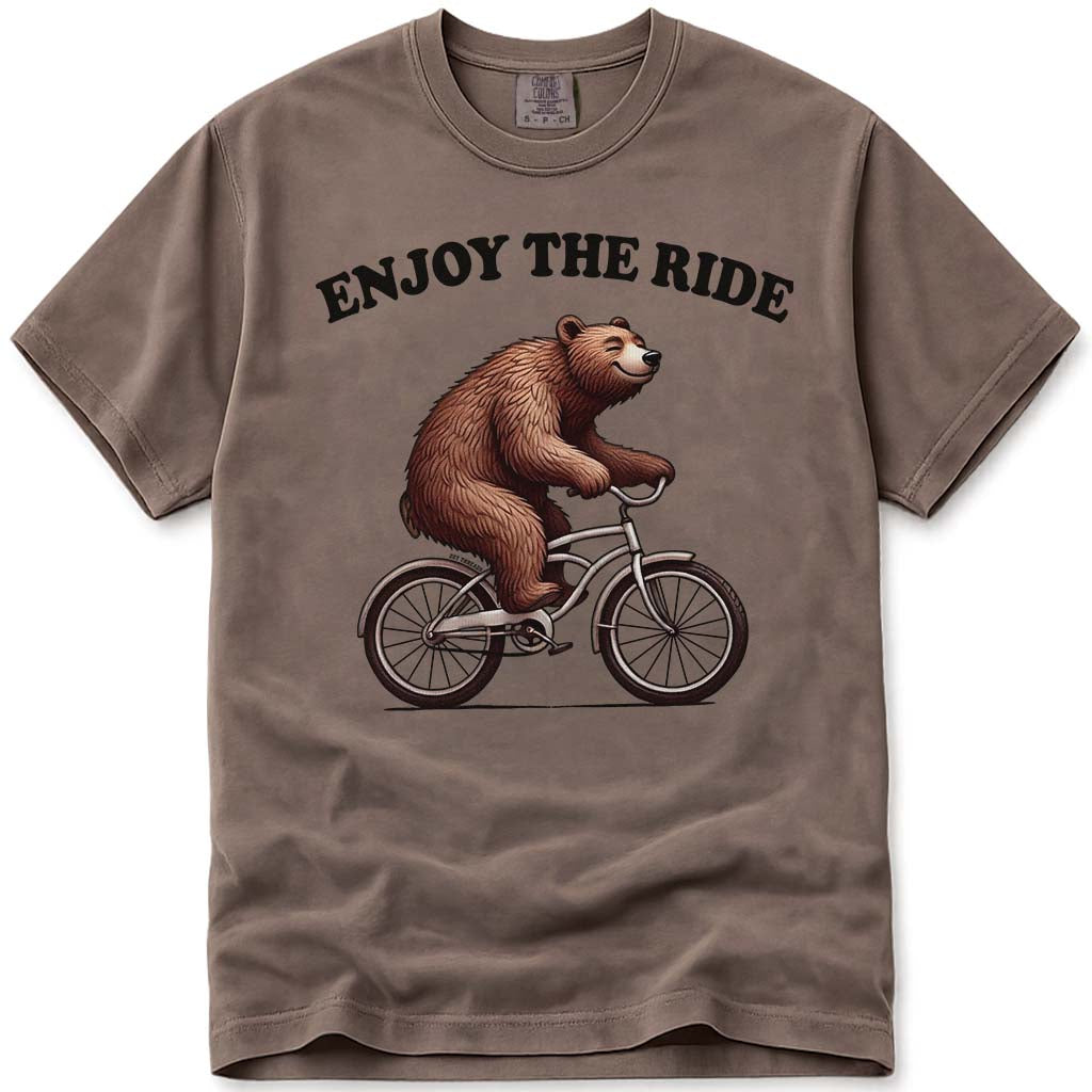 Enjoy The Ride Biking Bear T Shirt - Espresso
