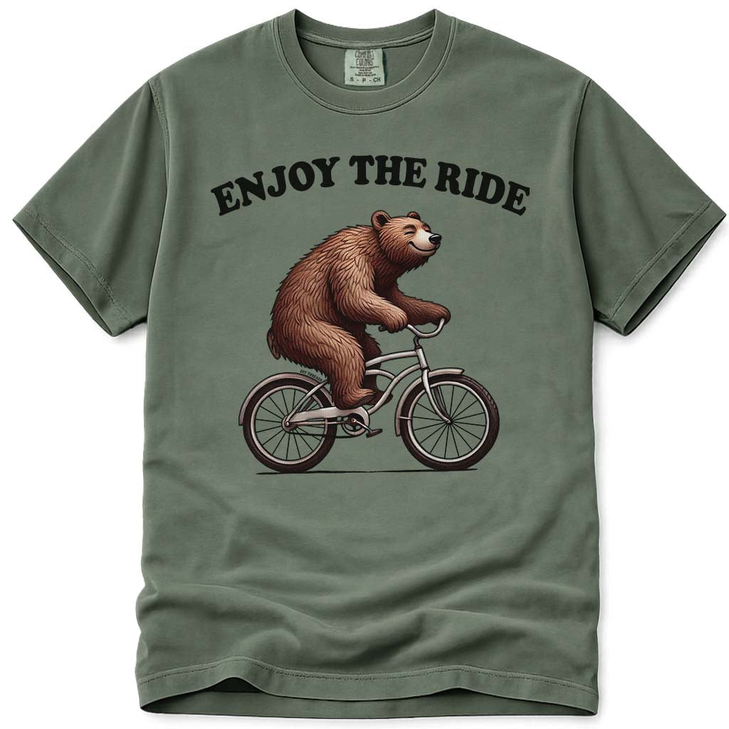 Enjoy The Ride Biking Bear T Shirt - Moss