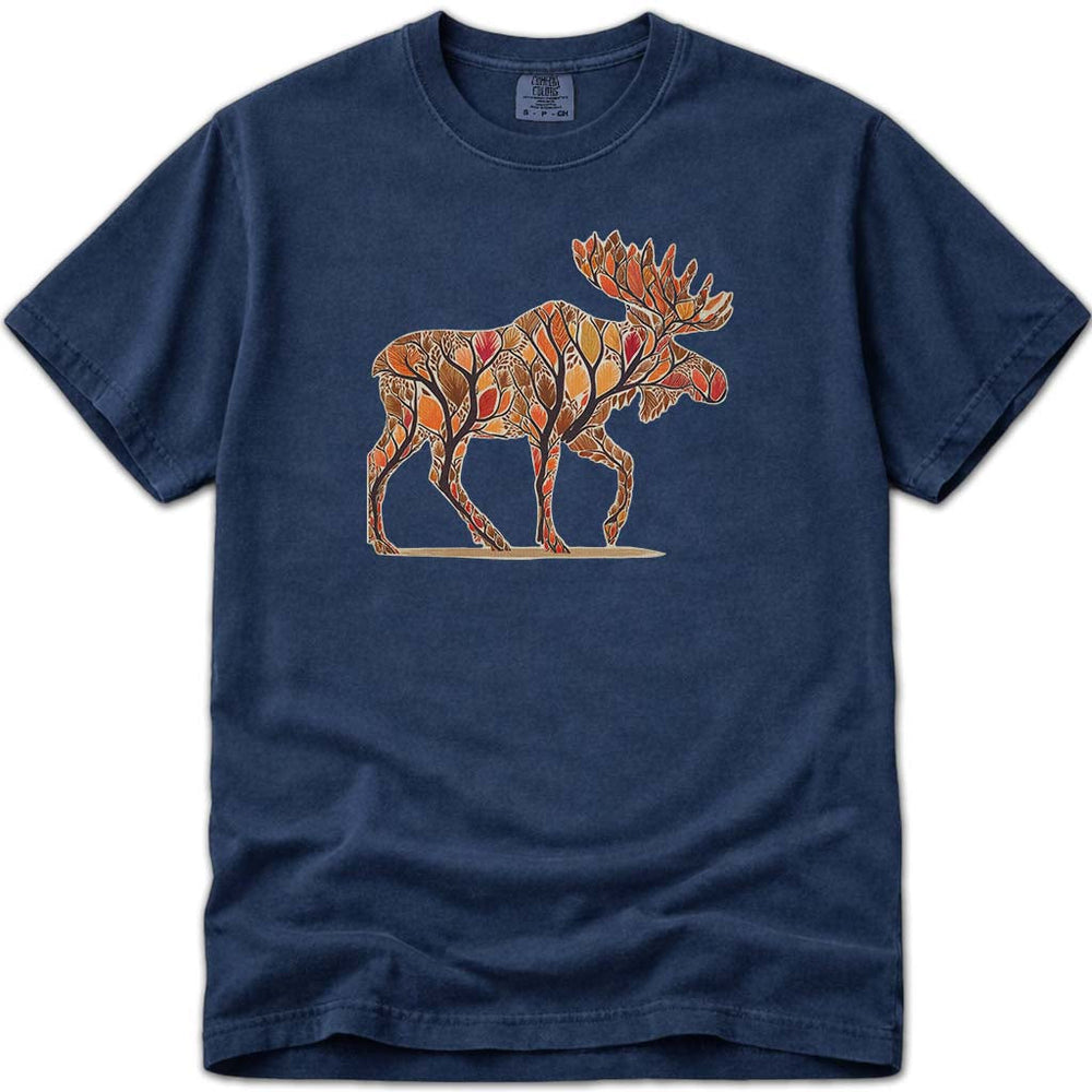 Fall Trees Floral Foliage Moose T Shirt - Navy