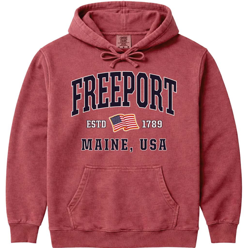 Freeport Maine USA Flag Hoodie Sweatshirt - Crimson