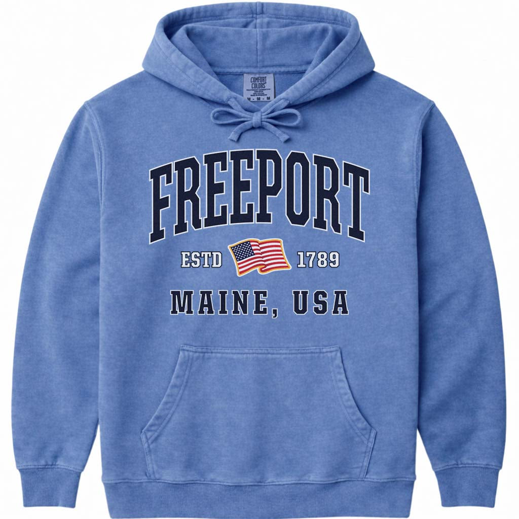 Freeport Maine USA Flag Hoodie Sweatshirt - Flo Blue