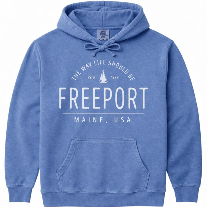 Freeport Maine Sailboat Hooded Sweatshirt - Flo Blue