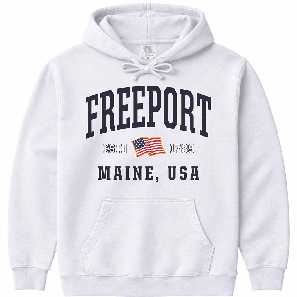 Freeport Maine USA Flag Hoodie Sweatshirt - White