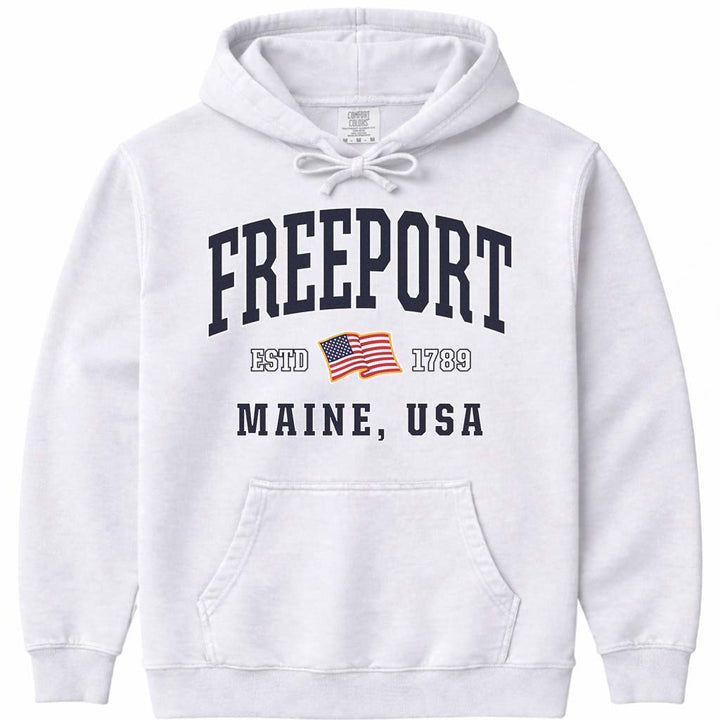 Freeport Maine USA Flag Hoodie Sweatshirt - White