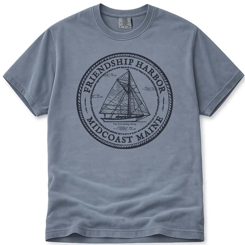 Friendship Maine Midcoast Friendship Sloop Sailboat T Shirt - Blue Jean