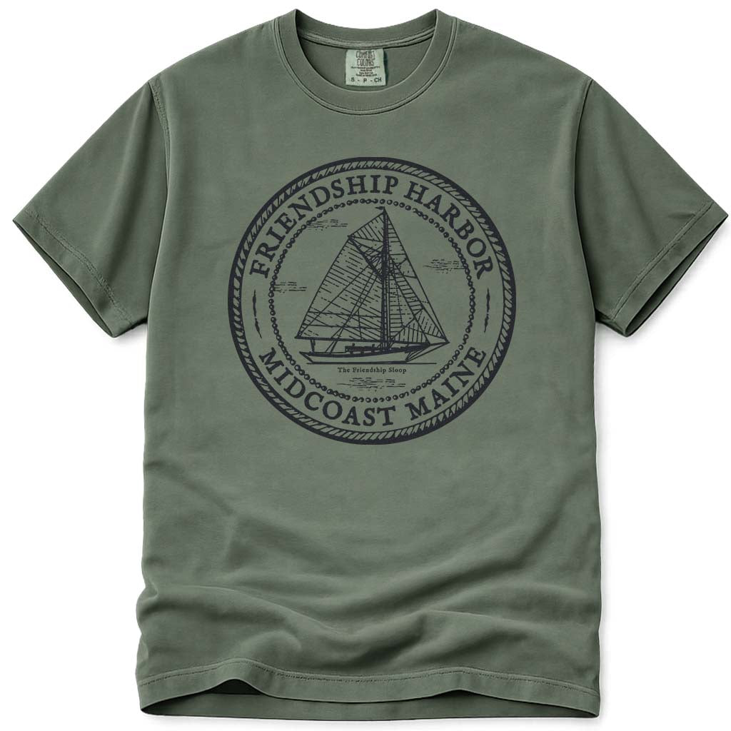 Friendship Maine Midcoast Friendship Sloop Sailboat T Shirt - Moss