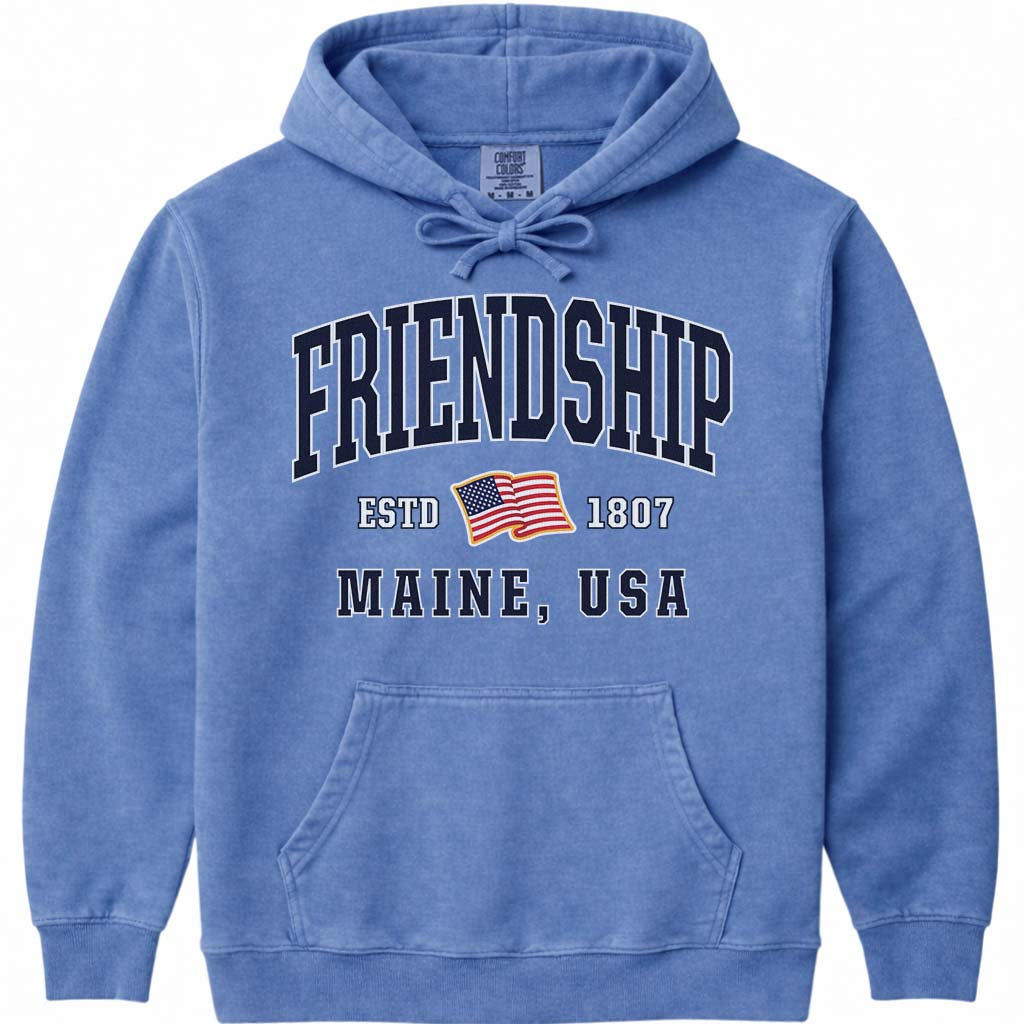 USA Flag Friendship Maine Hooded Sweatshirt - Flo Blue