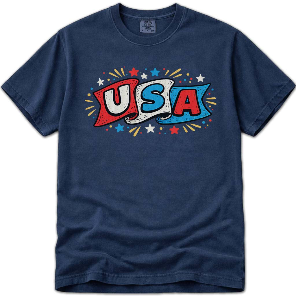 Fun USA Flag Banner Patriotic 4th of July T-Shirt - Navy