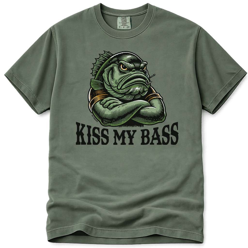 Funny Kiss My Bass Fishing T-Shirt - Moss