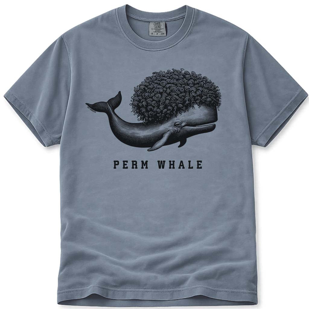 Funny Perm Whale T Shirt - Blue Jean