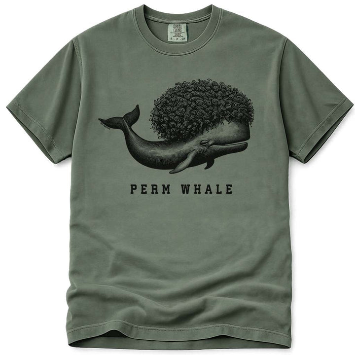 Funny Perm Whale T Shirt - Moss