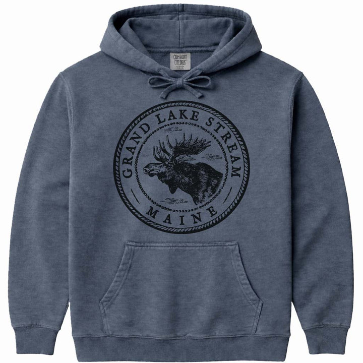 Grand Lake Stream Moose Sweatshirt | Vintage Maine Moose Art Hoodie - Denim