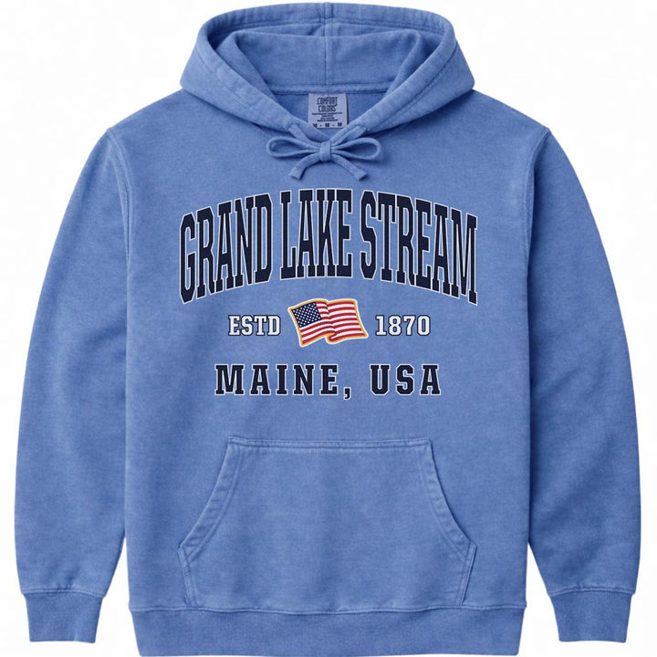 Grand Lake Stream USA Flag Hoodie - Flo Blue
