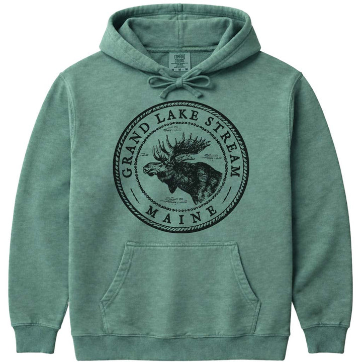 Grand Lake Stream Moose Sweatshirt | Vintage Maine Moose Art Hoodie - Light Green