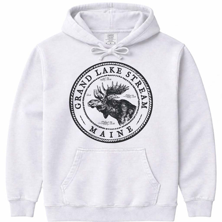 Grand Lake Stream Moose Sweatshirt | Vintage Maine Moose Art Hoodie - White