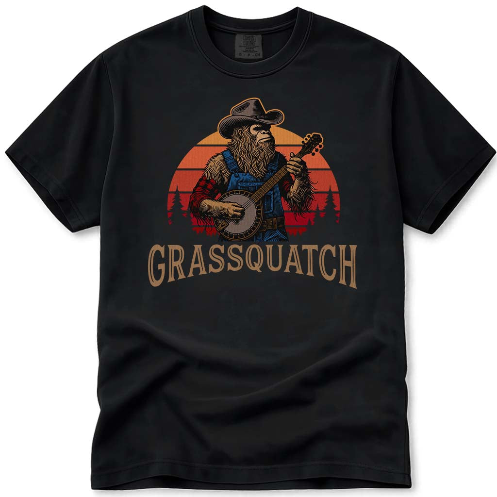 Grassquatch Banjo Playing Bluegrass Bigfoot T-Shirt - Black