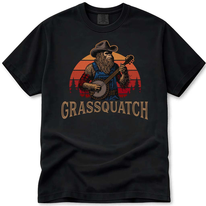 Grassquatch Banjo Playing Bluegrass Bigfoot T-Shirt - Black