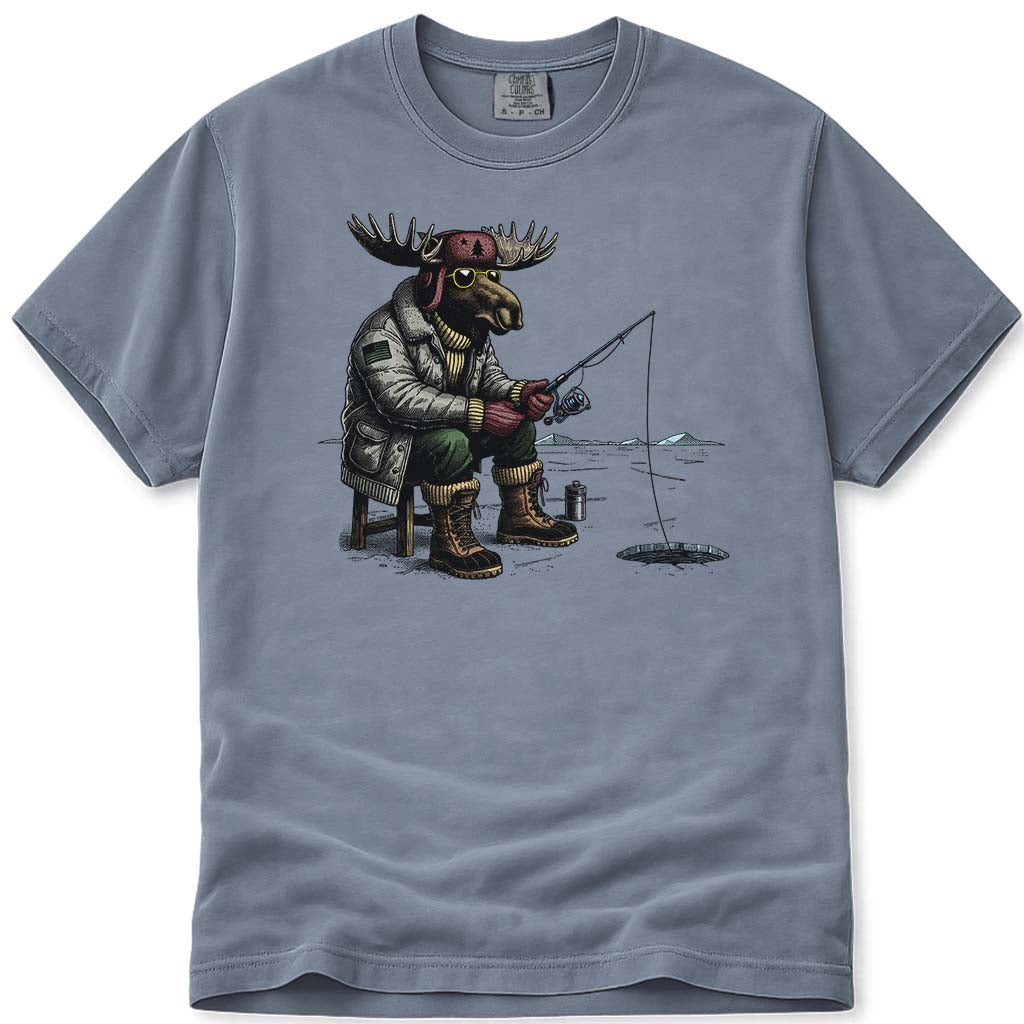 Hard Water Moose Ice Fishing T Shirt - Blue Jean
