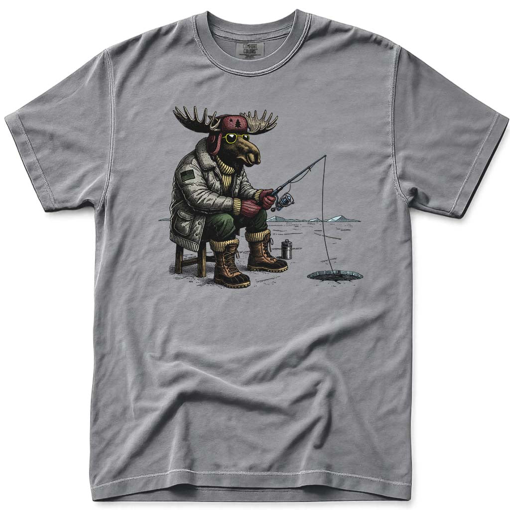 Hard Water Moose Ice Fishing T Shirt - Grey