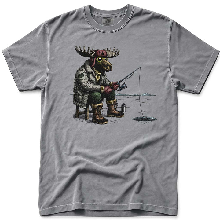 Hard Water Moose Ice Fishing T Shirt - Grey