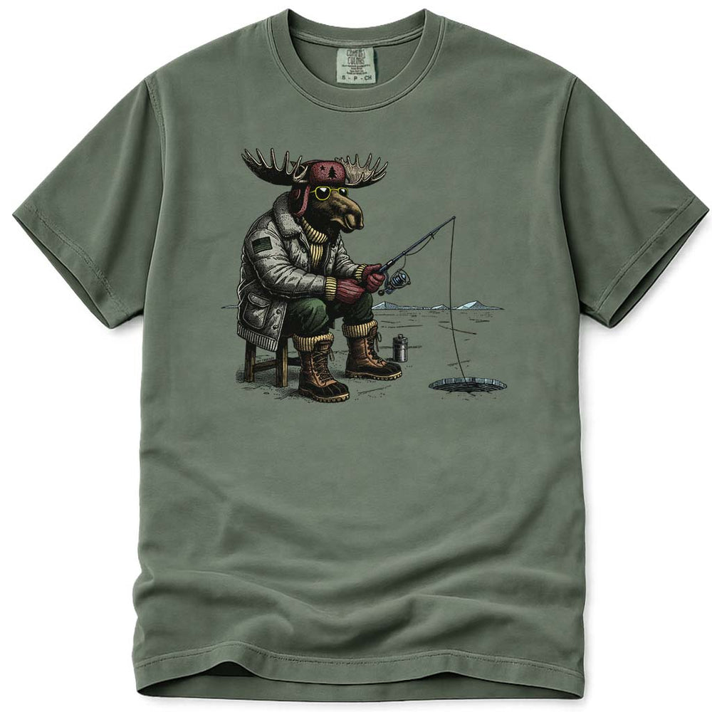 Hard Water Moose Ice Fishing T Shirt - Moss