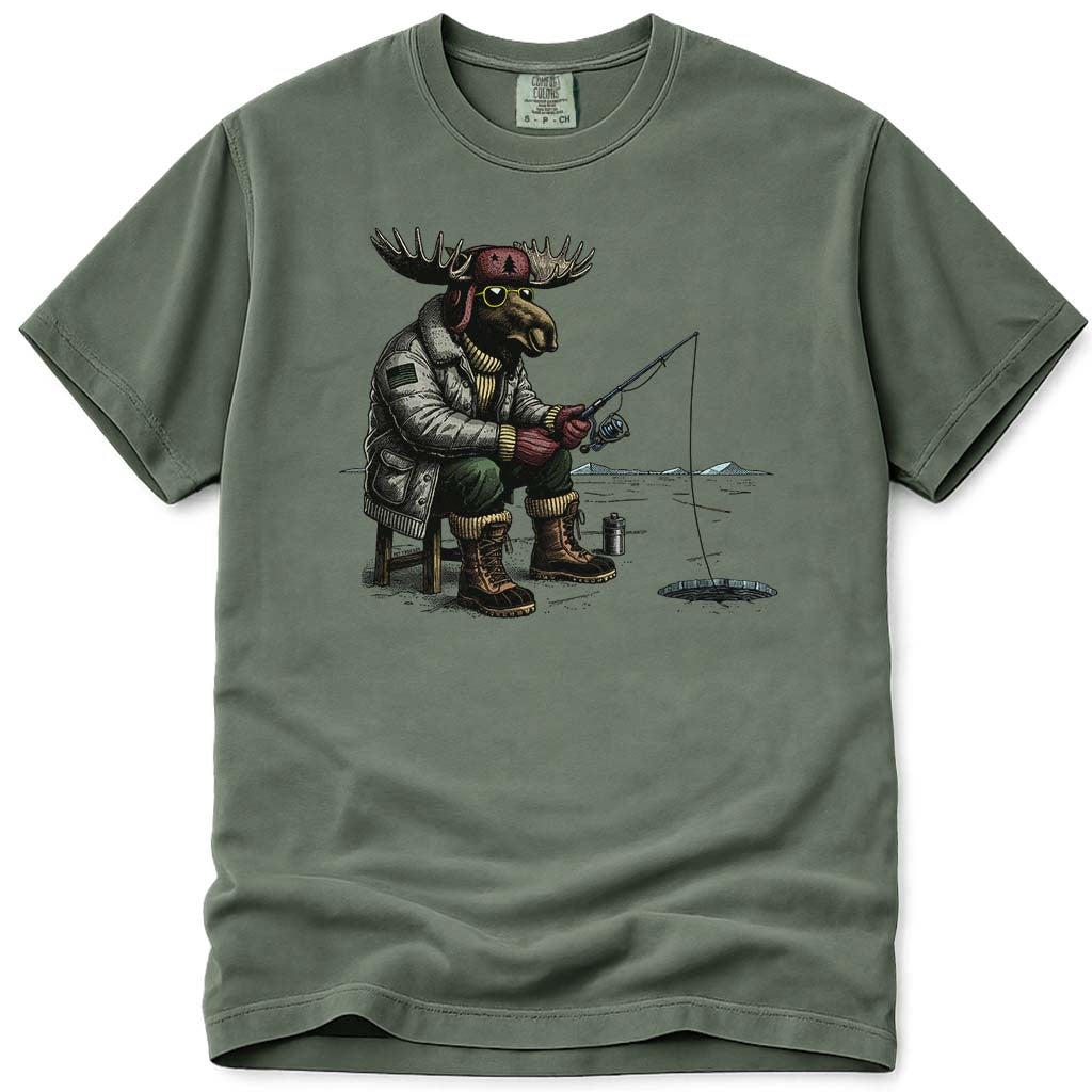 Hard Water Moose Ice Fishing T Shirt - Moss