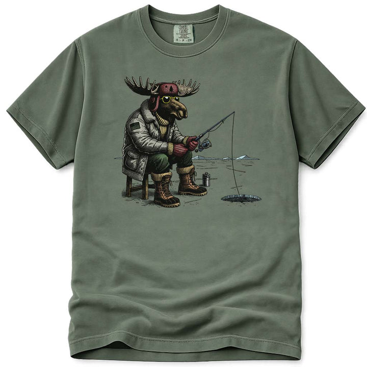 Hard Water Moose Ice Fishing T Shirt - Moss