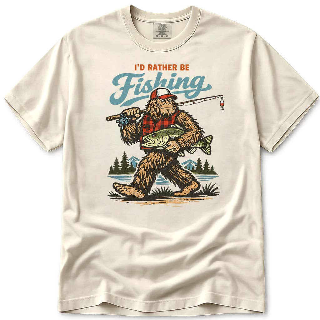 I'd Rather Be Fishing Funny Bigfoot T-Shirt - Ivory