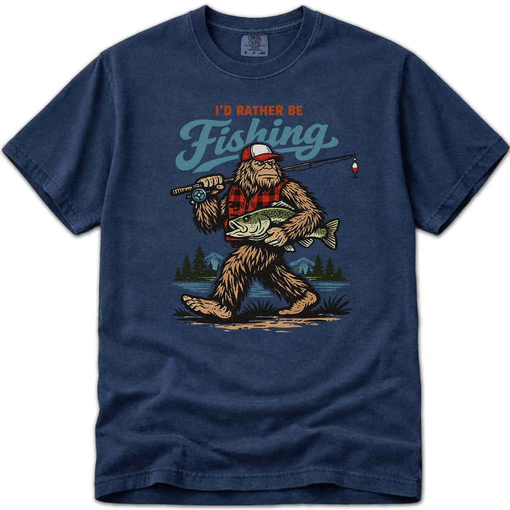 I'd Rather Be Fishing Funny Bigfoot T-Shirt - Navy