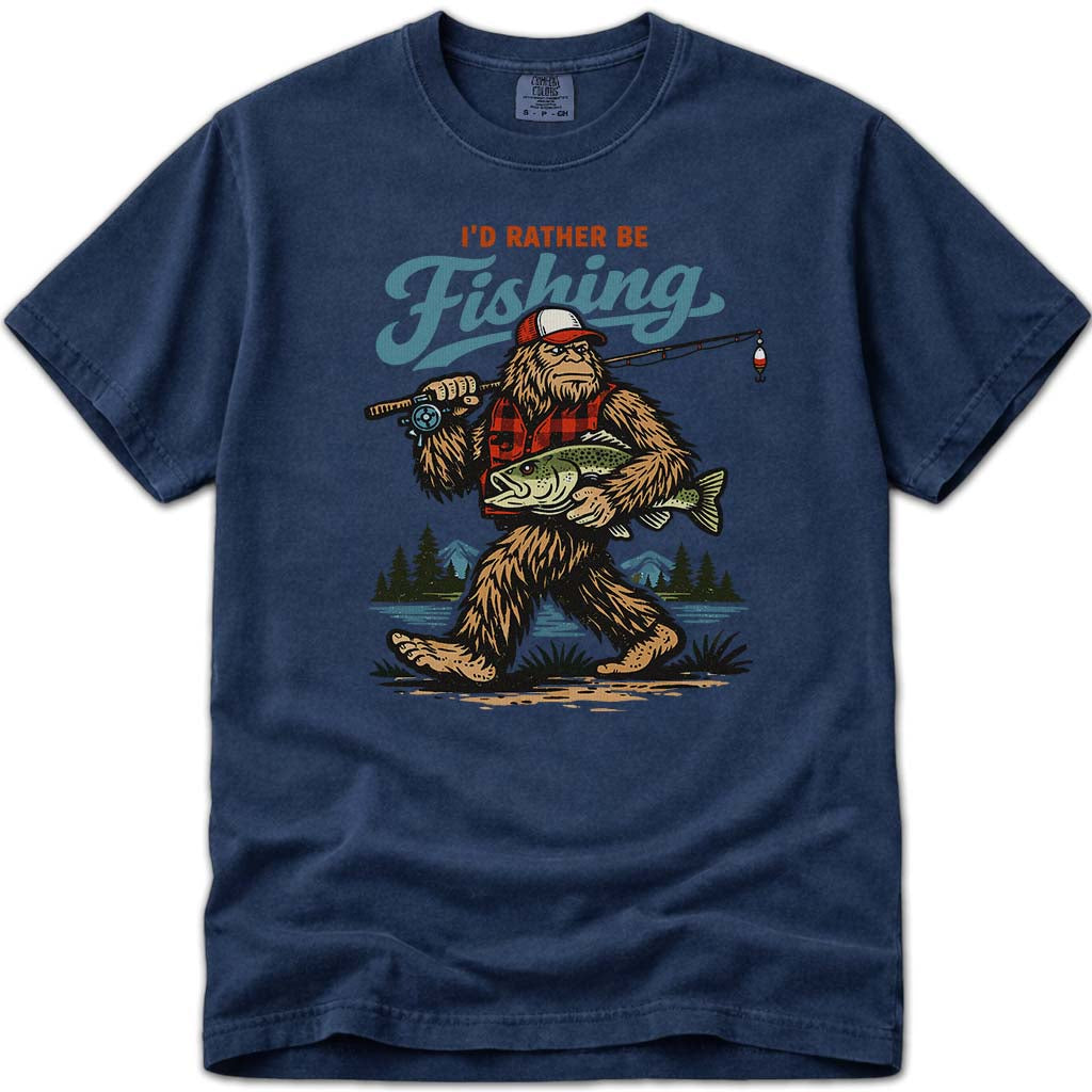 I'd Rather Be Fishing Funny Bigfoot T-Shirt - Navy