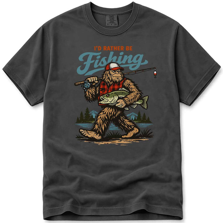 I'd Rather Be Fishing Funny Bigfoot T-Shirt - Pepper