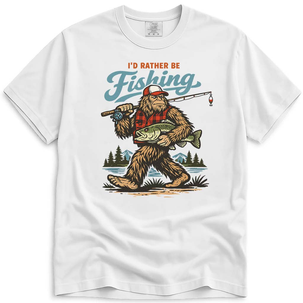 I'd Rather Be Fishing Funny Bigfoot T-Shirt - White