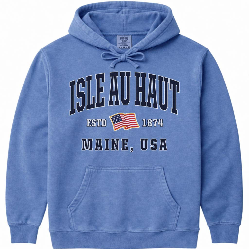Isle au Haut Maine USA Flag Hooded Sweatshirt - Flo Blue