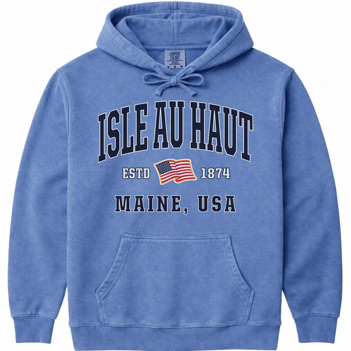 Isle au Haut Maine USA Flag Hooded Sweatshirt - Flo Blue
