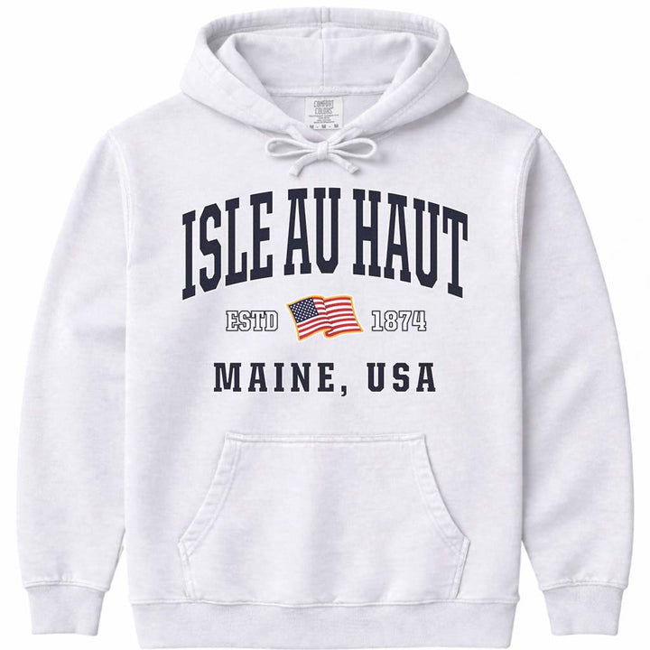 Isle au Haut Maine USA Flag Hooded Sweatshirt - White