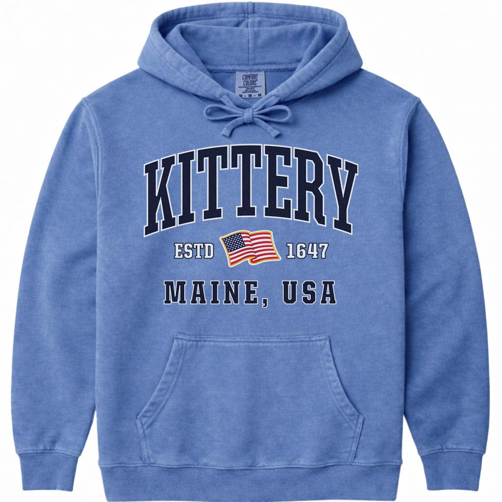 USA Flag Kittery Maine Hooded Sweatshirt - Flo Blue