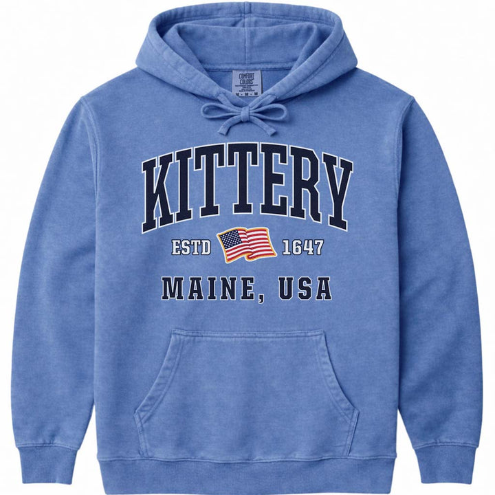 USA Flag Kittery Maine Hooded Sweatshirt - Flo Blue