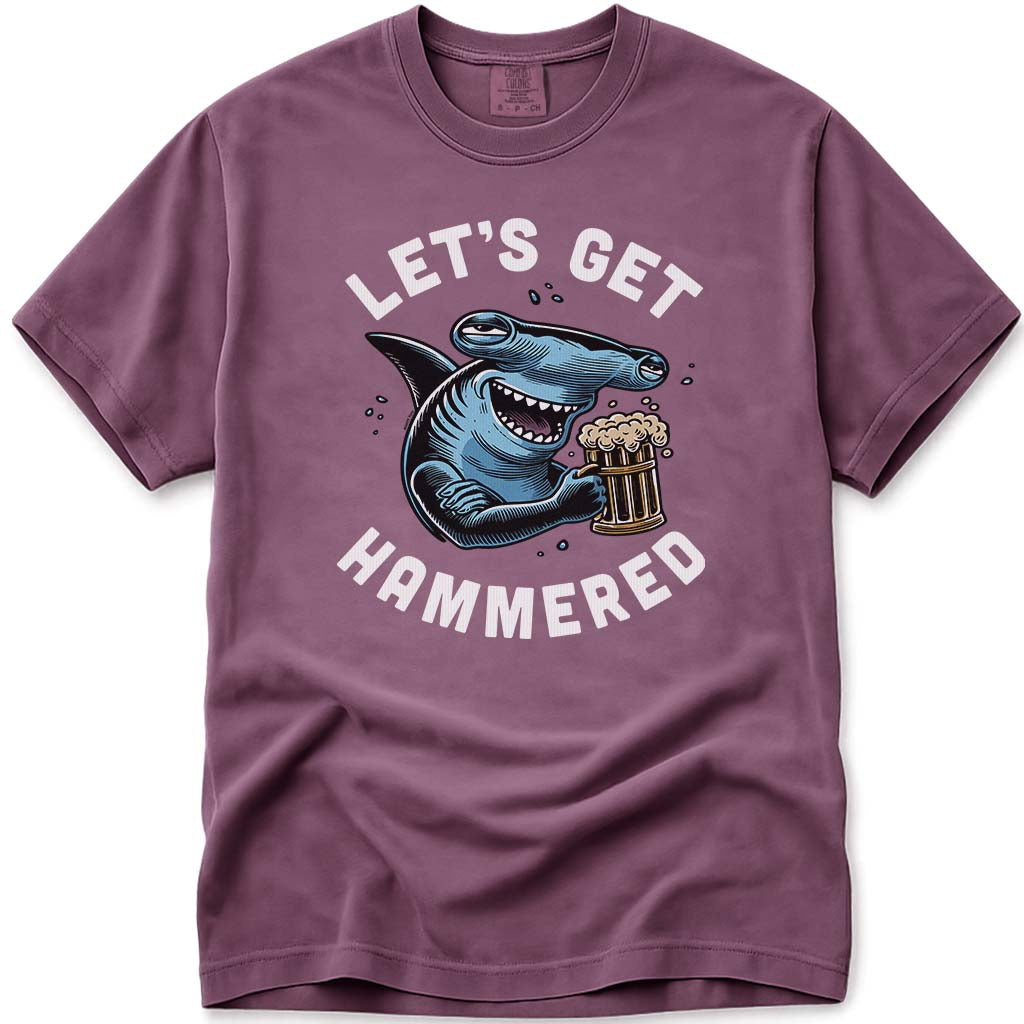 Lets Get Hammered Hammerhead Shark Beer Tee - Berry