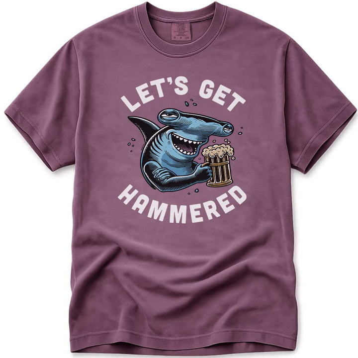Lets Get Hammered Hammerhead Shark Beer Tee - Berry