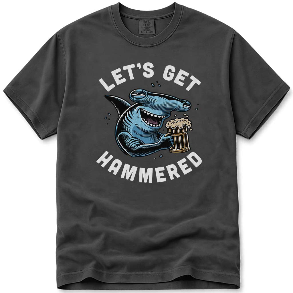 Lets Get Hammered Hammerhead Shark Beer Tee - Pepper