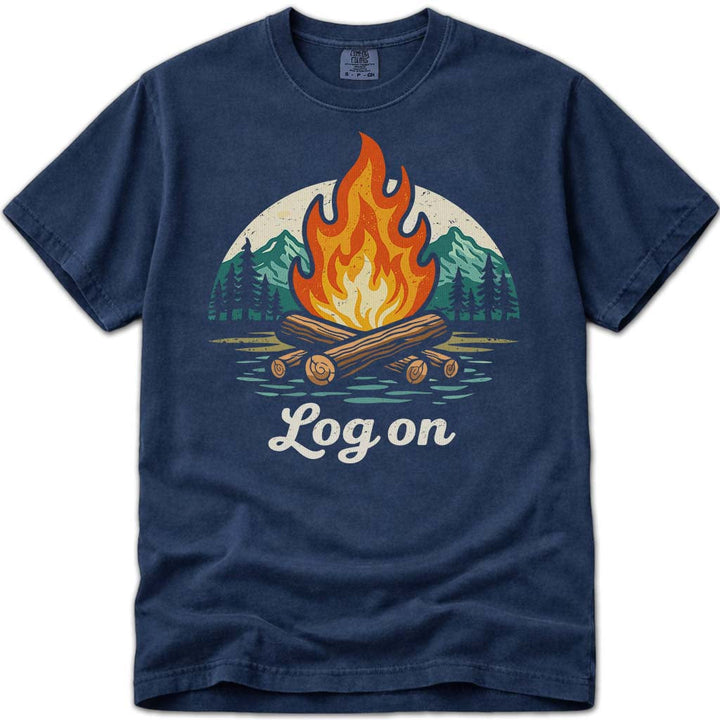 Log On Camping Hiking Campfire T-Shirt - Navy