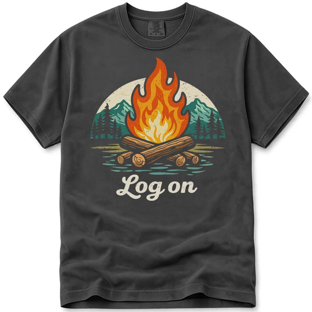 Log On Camping Hiking Campfire T-Shirt - Pepper