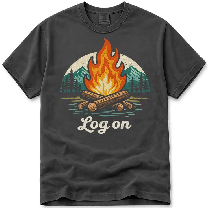 Log On Camping Hiking Campfire T-Shirt - Pepper