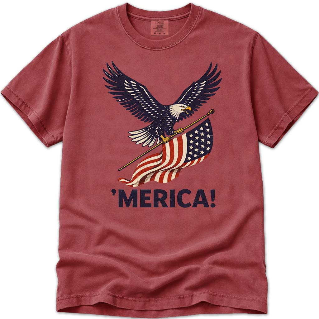 MERICA! USA Flag Patriotic Eagle 4th of July Tee - Crimson