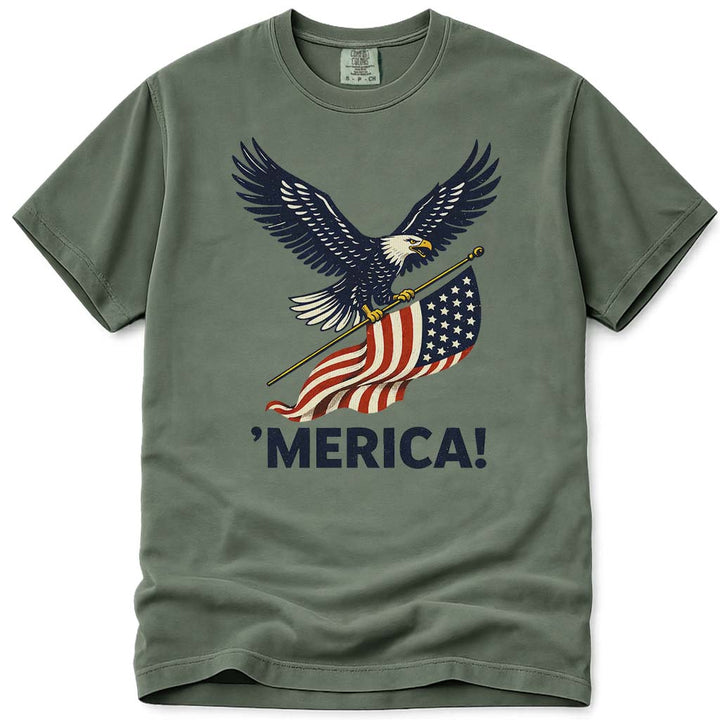 MERICA! USA Flag Patriotic Eagle 4th of July Tee - Moss