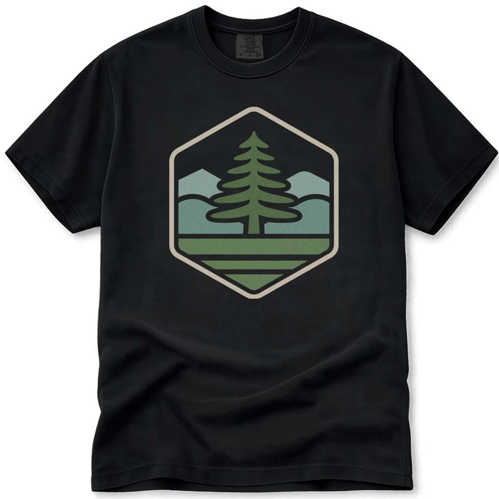 Minimal Pine Tree Mountains Hiking Camping T-Shirt - Black