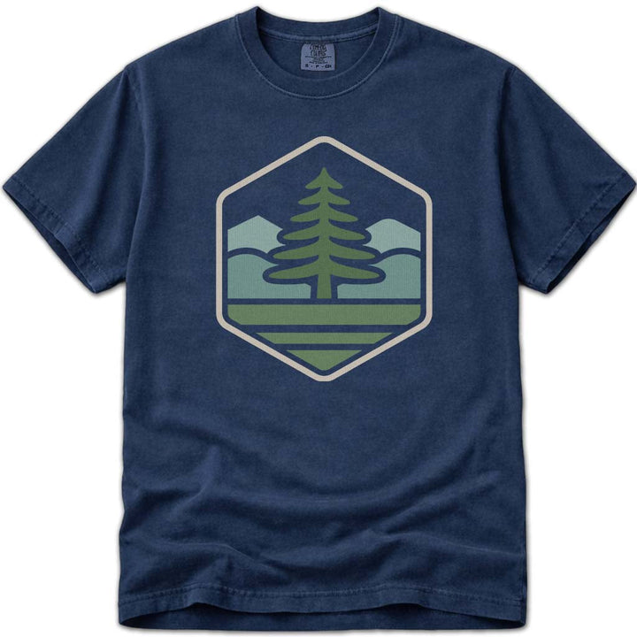 Minimal Pine Tree Mountains Hiking Camping T-Shirt - Navy