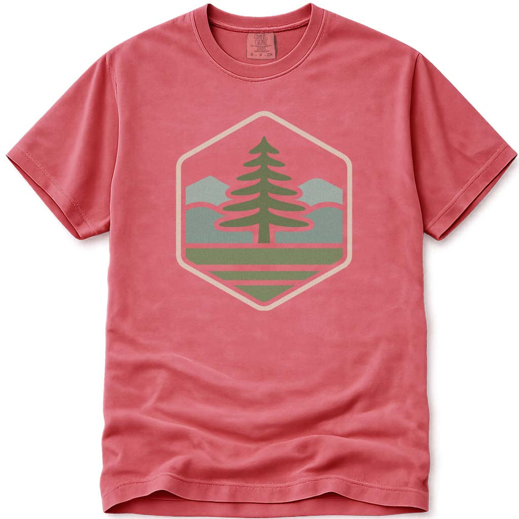 Minimal Pine Tree Mountains Hiking Camping T-Shirt - Watermelon