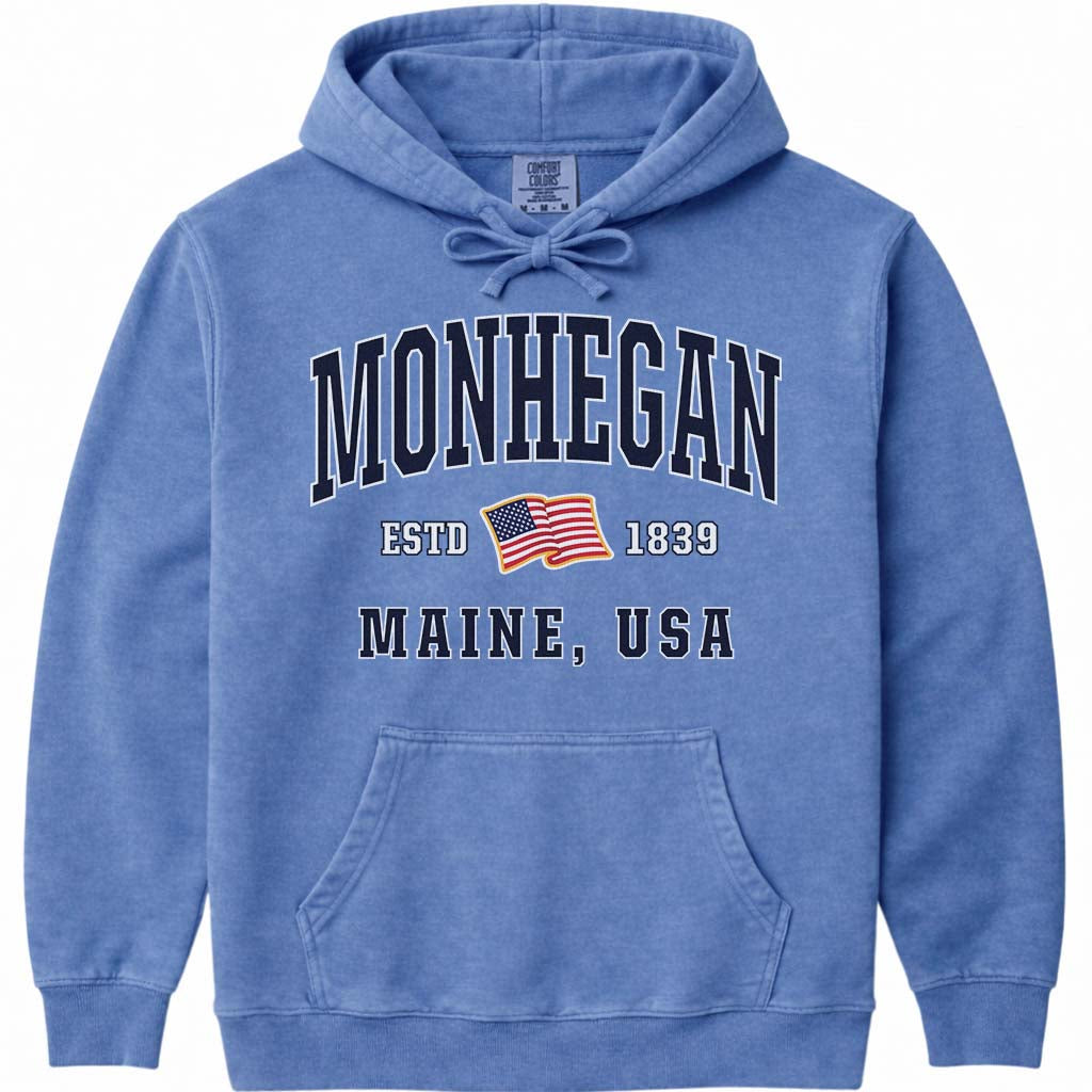 Monhegan Island USA Flag Hoodie Sweatshirt - Flo Blue